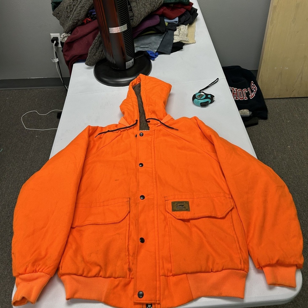 Duxbak Hunting Jacket Mens Large Orange Hooded Canvas Quilted Made in USA